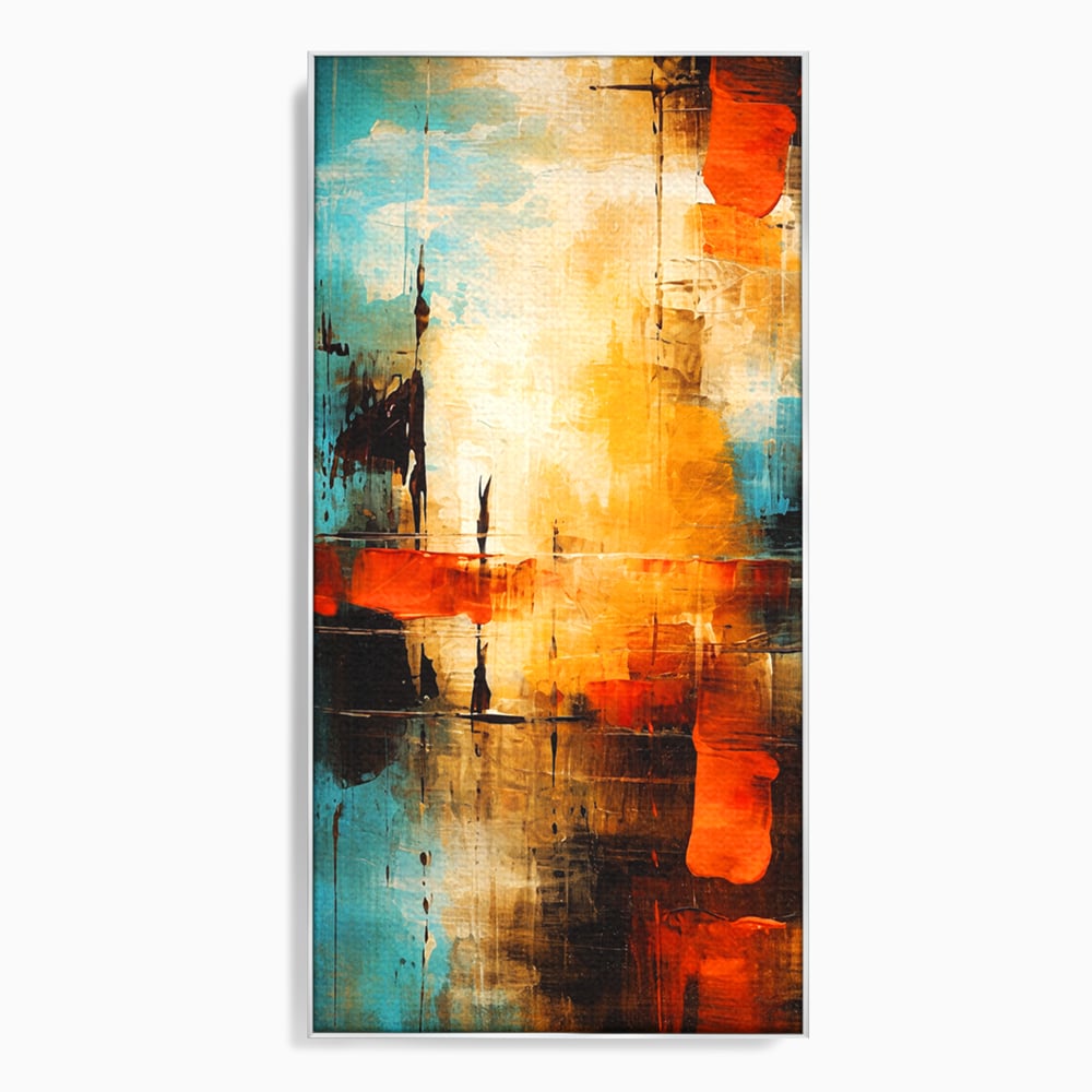 Tablou canvas cu pictura abstracta cu portocaliu si albastru, in rama de aluminiu argintiu